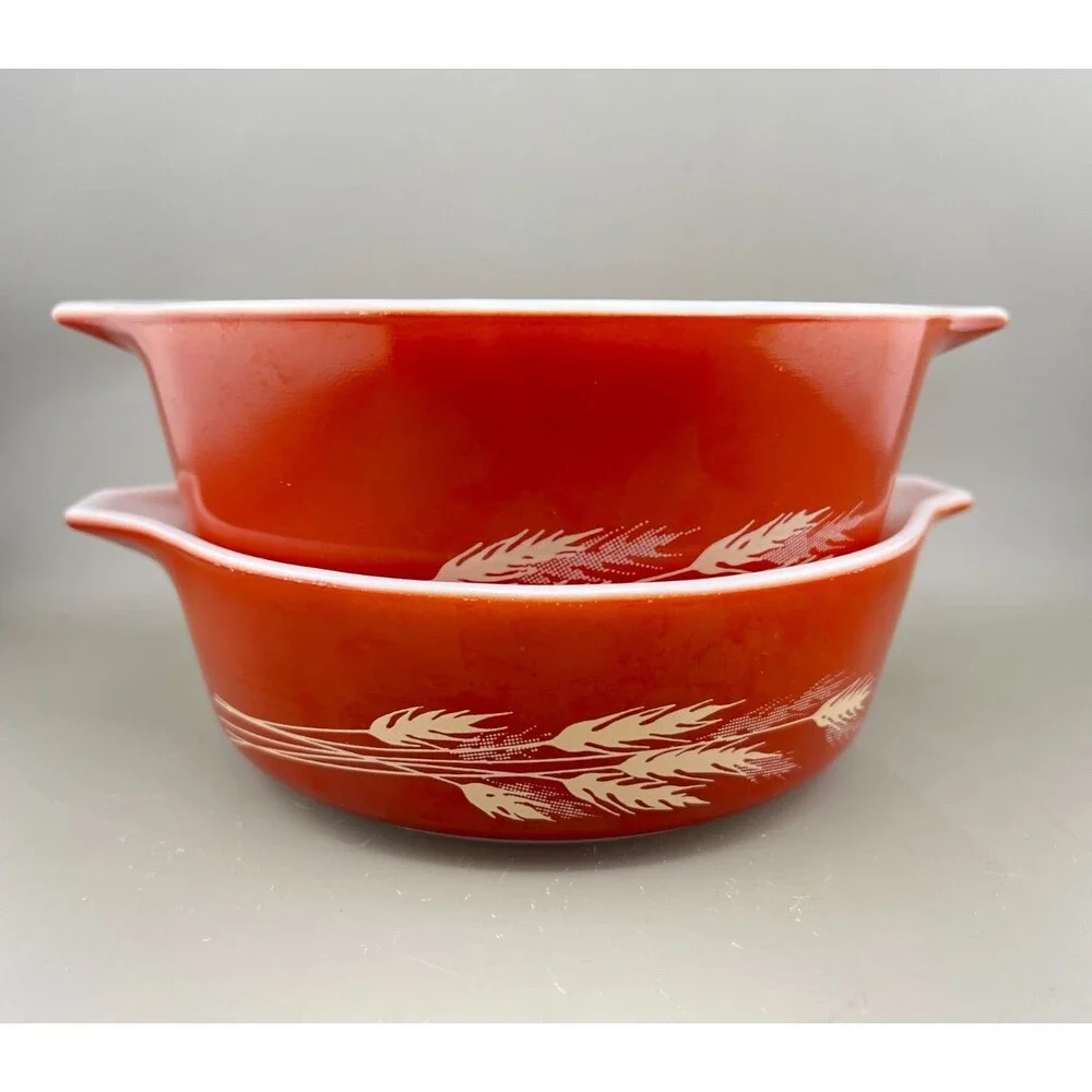 Vtg PYREX 2pc Autumn Harvest Wheat Nesting Casserole Dish Bowls 473-B 471-B Rust